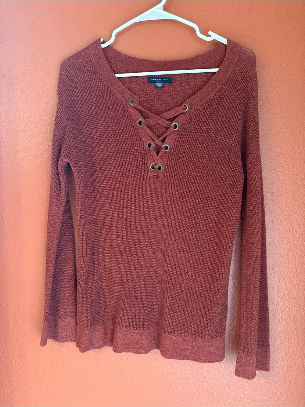 American Eagle Outfitters Lace-Up V-Neck Sweater - Rust